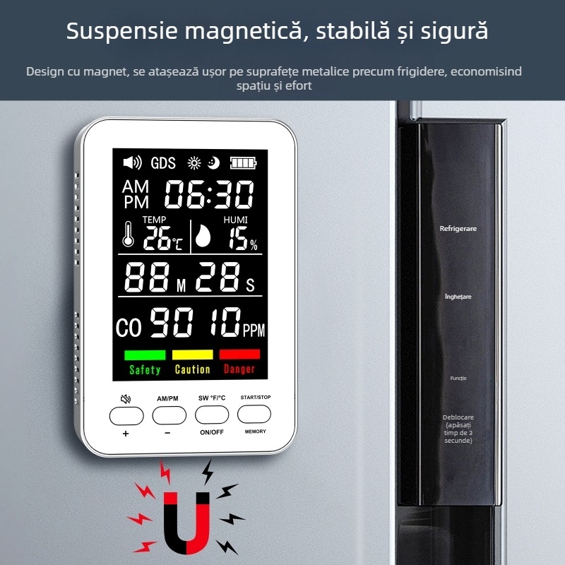 Detector CO portabil cu măsurare temperatură și umiditate și monitor de calitate a aerului (0-999 ppm, precizie 1 ppm, baterie Li‑ion încorporată 900 mAh, 5 V)