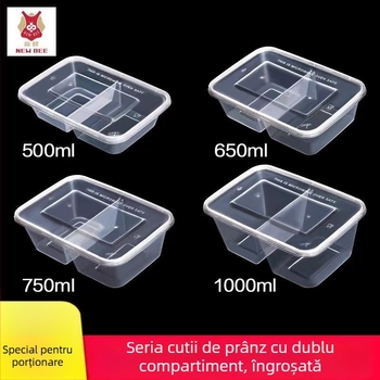 Cutie de prânz de unică folosință, cu două compartimente, din plastic transparent, compatibilă cu cuptorul cu microunde