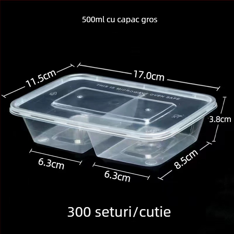Cutie de prânz de unică folosință, cu două compartimente, din plastic transparent, compatibilă cu cuptorul cu microunde