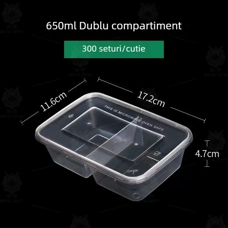 Cutie de prânz de unică folosință, cu două compartimente, din plastic transparent, compatibilă cu cuptorul cu microunde