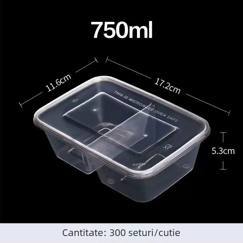 Cutie de prânz de unică folosință, cu două compartimente, din plastic transparent, compatibilă cu cuptorul cu microunde