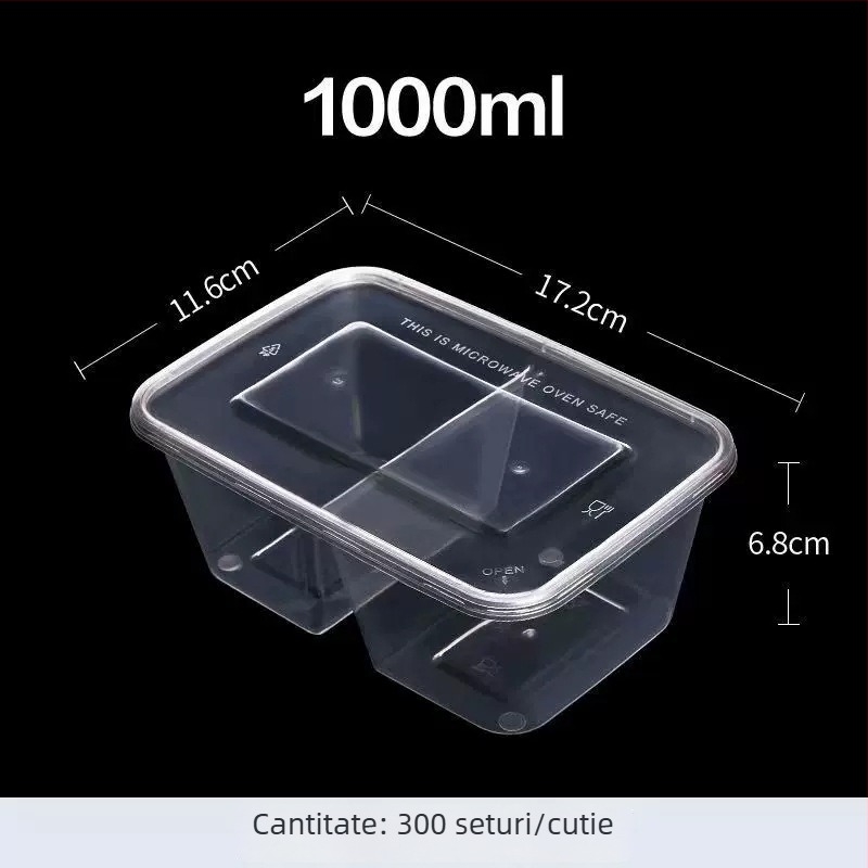 Cutie de prânz de unică folosință, cu două compartimente, din plastic transparent, compatibilă cu cuptorul cu microunde