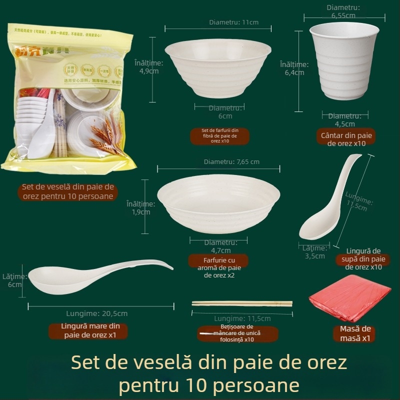 Set de veselă de unică folosință din coajă de orez pentru 10 persoane, include boluri, bețișoare, cești și linguri, biodegradabil