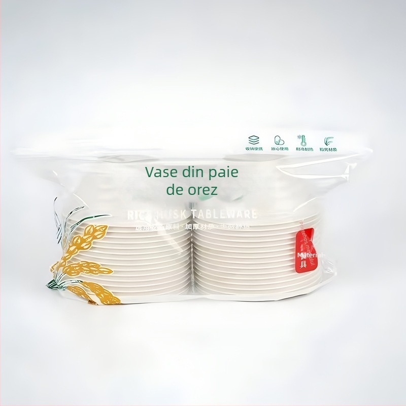 Set de veselă de unică folosință din coajă de orez pentru 10 persoane, include boluri, bețișoare, cești și linguri, biodegradabil