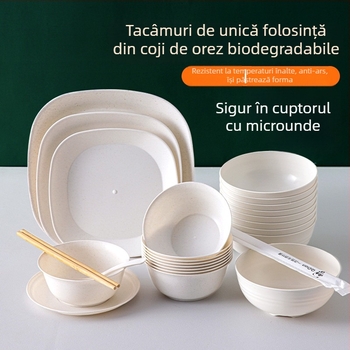 Set de veselă biodegradabil bazat pe amidon de porumb, cu boluri rotunde, farfurii pătrate și lingurițe, capacitate 350 ml