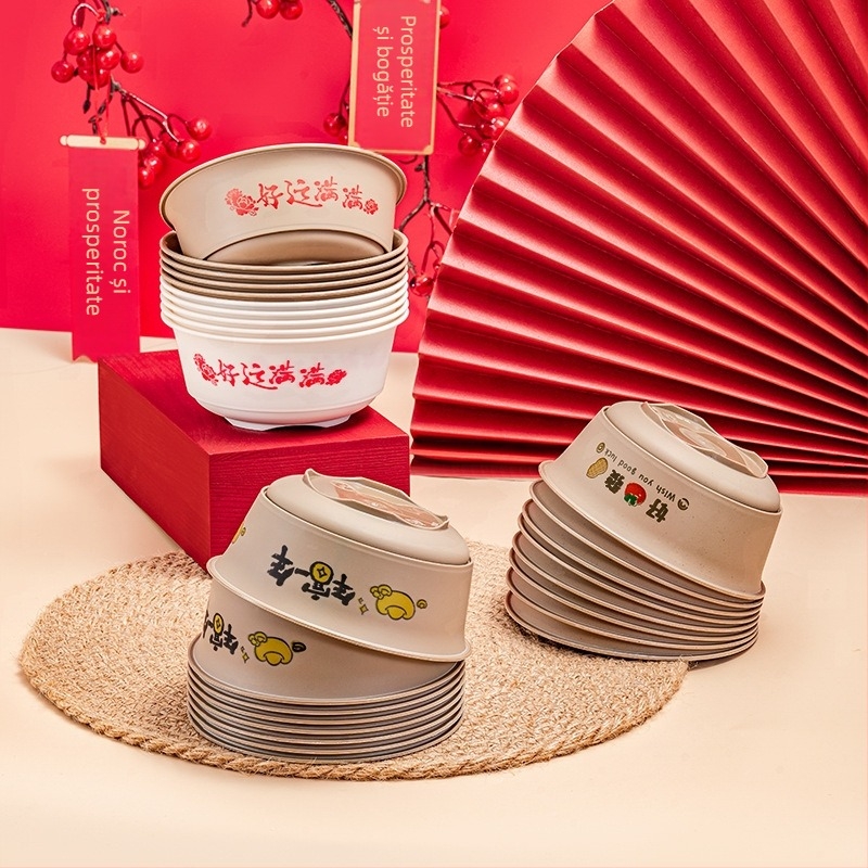 Set de veselă biodegradabil bazat pe amidon de porumb, cu boluri rotunde, farfurii pătrate și lingurițe, capacitate 350 ml