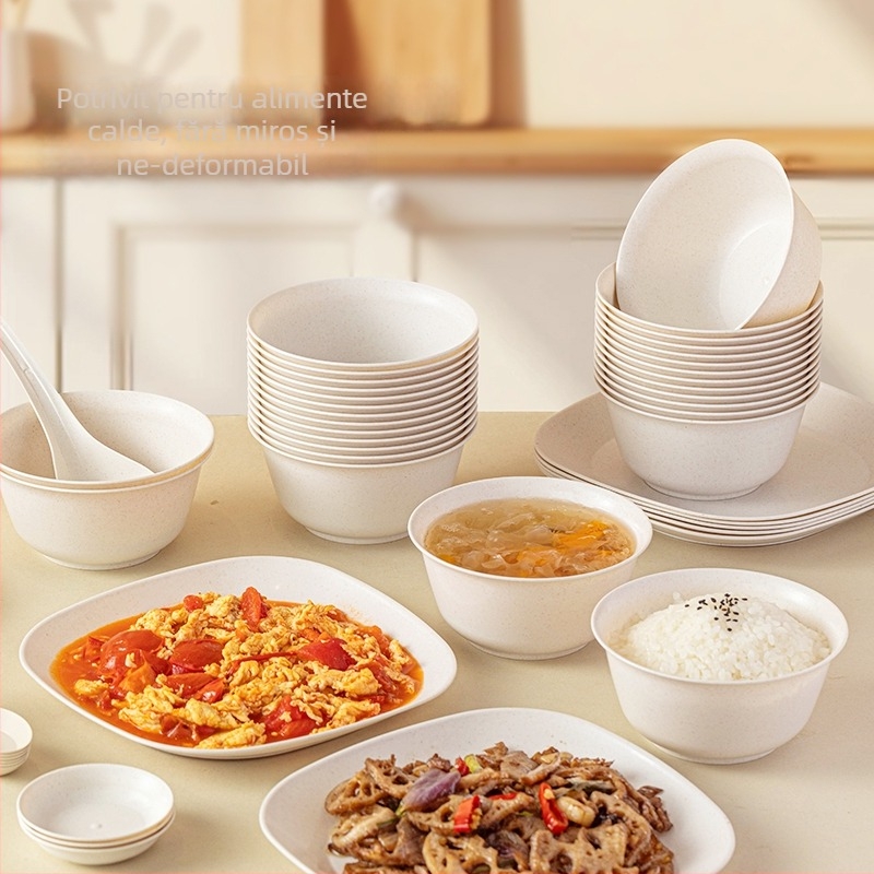 Set de veselă biodegradabil bazat pe amidon de porumb, cu boluri rotunde, farfurii pătrate și lingurițe, capacitate 350 ml