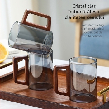Ceașcă de ceai din sticlă cu mâner din lemn - sticlă borosilicat, rezistentă la temperaturi, cilindrică, set de pahare de apă