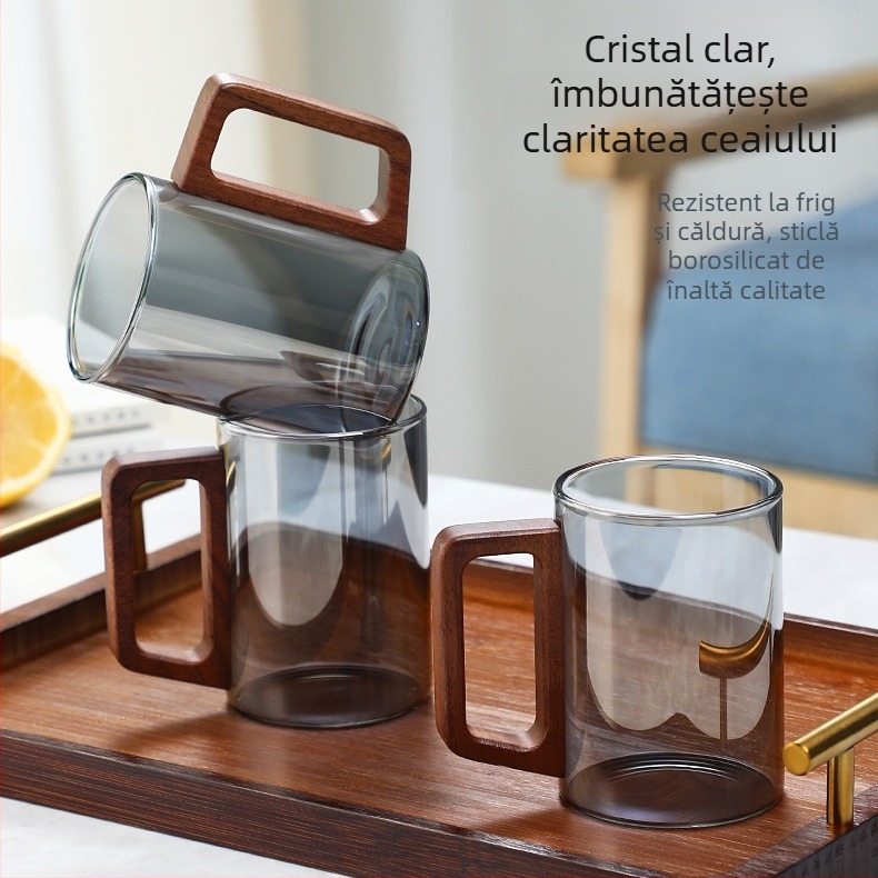 Ceașcă de ceai din sticlă cu mâner din lemn - sticlă borosilicat, rezistentă la temperaturi, cilindrică, set de pahare de apă