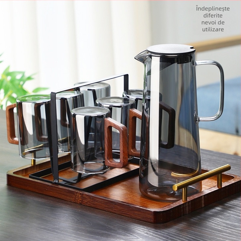 Ceașcă de ceai din sticlă cu mâner din lemn - sticlă borosilicat, rezistentă la temperaturi, cilindrică, set de pahare de apă