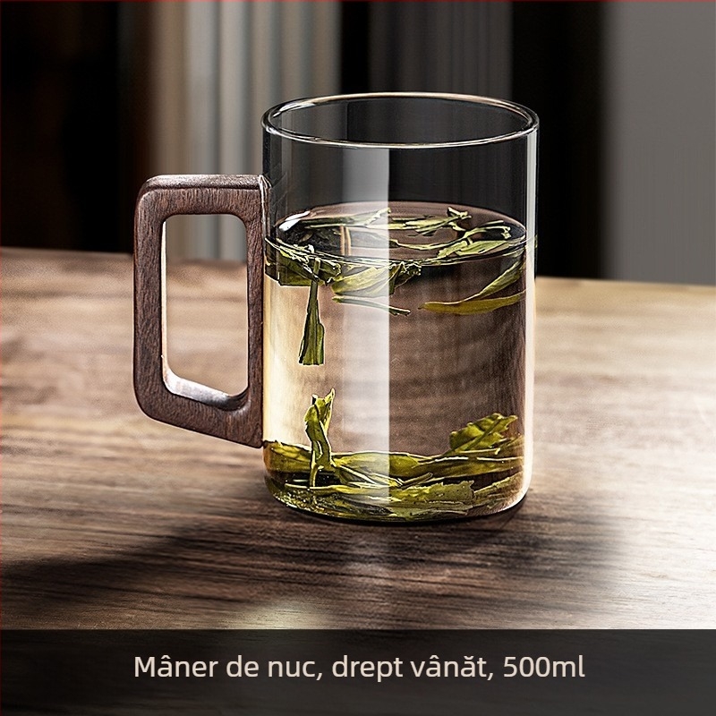 Ceașcă de ceai din sticlă cu mâner din lemn - sticlă borosilicat, rezistentă la temperaturi, cilindrică, set de pahare de apă