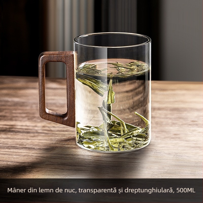 Ceașcă de ceai din sticlă cu mâner din lemn - sticlă borosilicat, rezistentă la temperaturi, cilindrică, set de pahare de apă