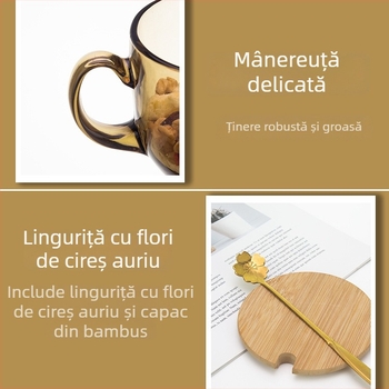 Pahar din sticlă pentru terci de ovăz cu capac și lingură, cu mâner, capacitate mare