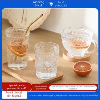 Pahar din sticlă cu design embosat de floarea-soarelui, cilindric, fără mâner, rezistent la temperaturi înalte