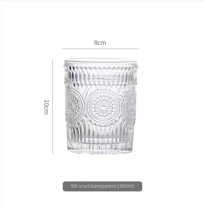 Pahar din sticlă cu design embosat de floarea-soarelui, cilindric, fără mâner, rezistent la temperaturi înalte