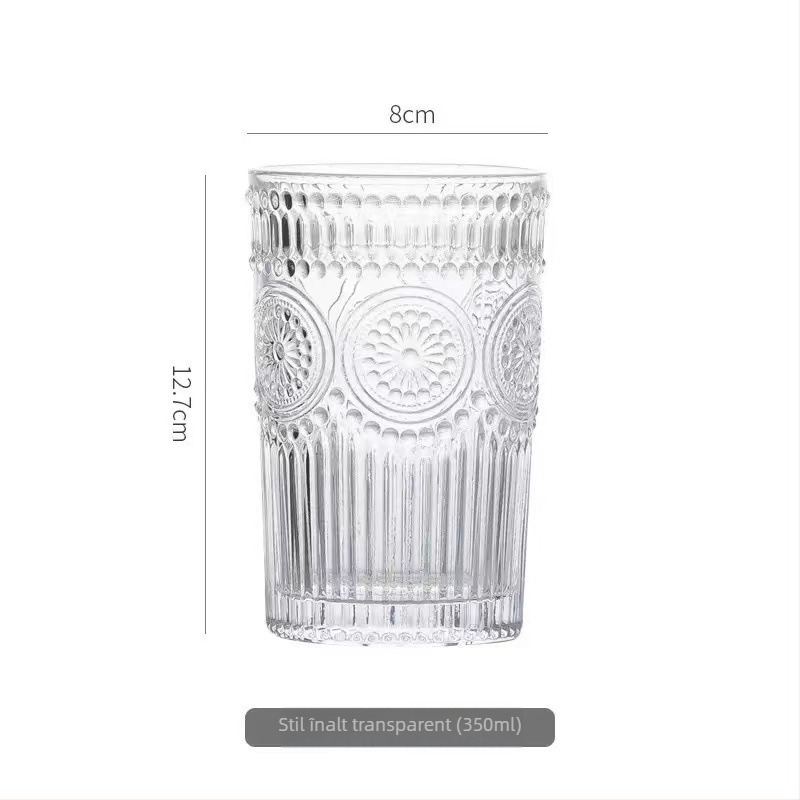 Pahar din sticlă cu design embosat de floarea-soarelui, cilindric, fără mâner, rezistent la temperaturi înalte
