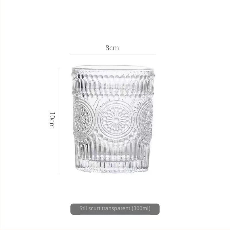 Pahar din sticlă cu design embosat de floarea-soarelui, cilindric, fără mâner, rezistent la temperaturi înalte