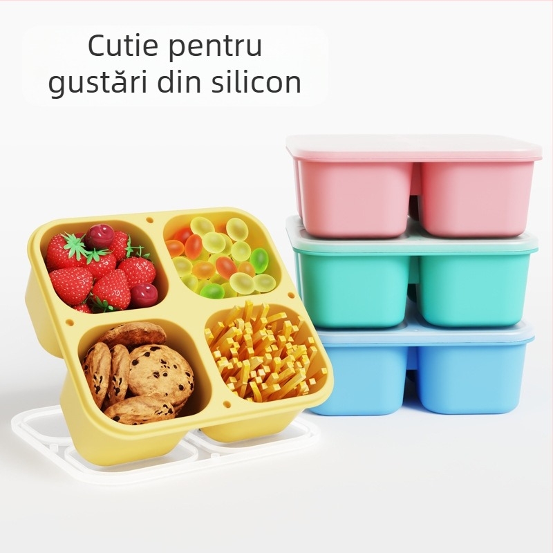 Cutie prânz din silicon cu patru compartimente, pătrată, izolată, compatibilă cu microunde, capacitate 301-500 ml sau 501-800 ml