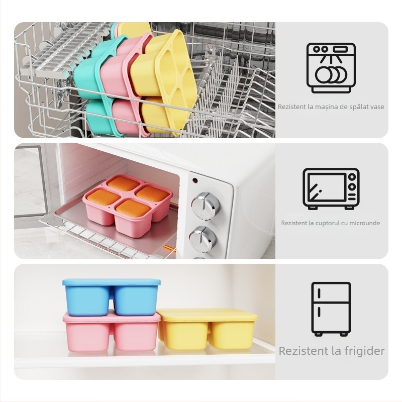 Cutie prânz din silicon cu patru compartimente, pătrată, izolată, compatibilă cu microunde, capacitate 301-500 ml sau 501-800 ml