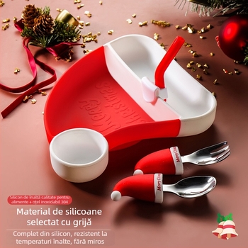 Set din silicon pentru hrănire bebeluși: farfurie de masă cu furculiță și lingură integrate, 5 piese, stil desen animat drăguț, potrivit de la 6 luni