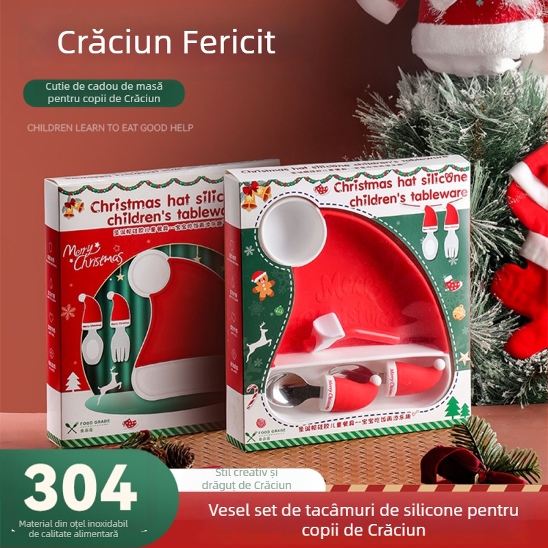 Set din silicon pentru hrănire bebeluși: farfurie de masă cu furculiță și lingură integrate, 5 piese, stil desen animat drăguț, potrivit de la 6 luni