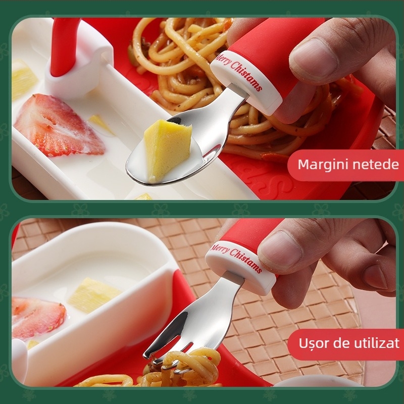 Set din silicon pentru hrănire bebeluși: farfurie de masă cu furculiță și lingură integrate, 5 piese, stil desen animat drăguț, potrivit de la 6 luni