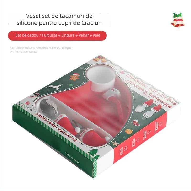 Set din silicon pentru hrănire bebeluși: farfurie de masă cu furculiță și lingură integrate, 5 piese, stil desen animat drăguț, potrivit de la 6 luni