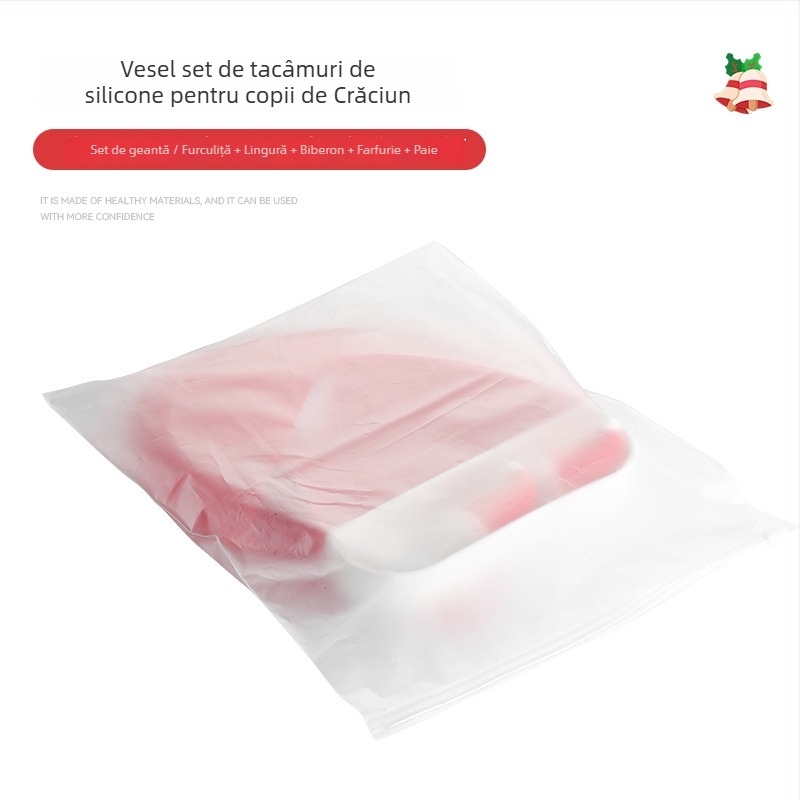 Set din silicon pentru hrănire bebeluși: farfurie de masă cu furculiță și lingură integrate, 5 piese, stil desen animat drăguț, potrivit de la 6 luni