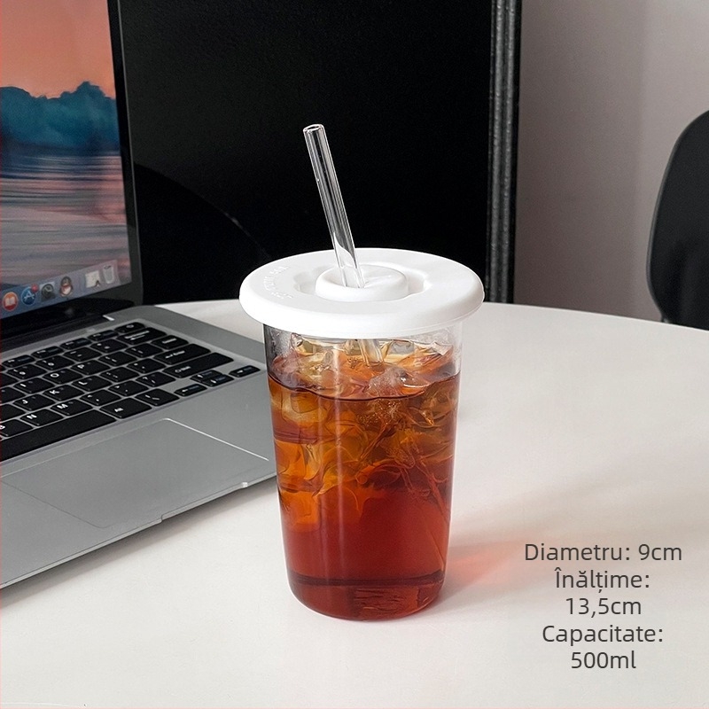 Barx pahar de băut cu pai și capac, din sticlă borosilicat, rezistent la temperaturi înalte