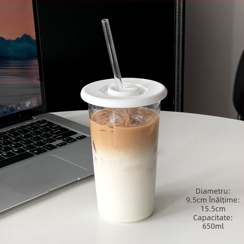 Barx pahar de băut cu pai și capac, din sticlă borosilicat, rezistent la temperaturi înalte