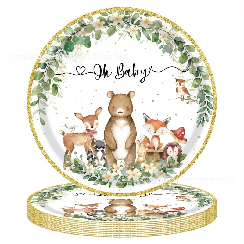 Set de veselă de petrecere cu temă ursuleț pentru copii — farfurii, șervețele și față de masă, de unică folosință (din plastic și hârtie)