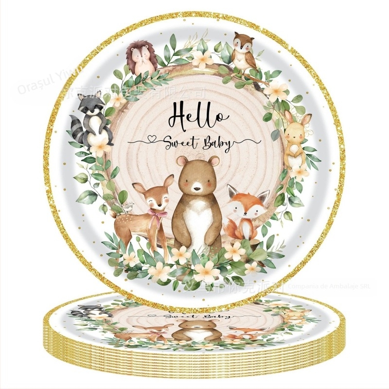 Set de veselă de petrecere cu temă ursuleț pentru copii — farfurii, șervețele și față de masă, de unică folosință (din plastic și hârtie)