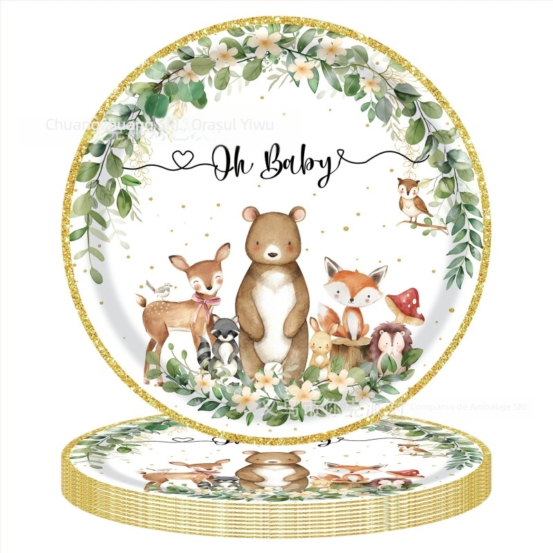 Set de veselă de petrecere cu temă ursuleț pentru copii — farfurii, șervețele și față de masă, de unică folosință (din plastic și hârtie)