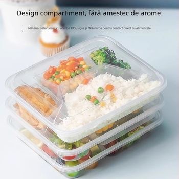 Cutie de prânz de unică folosință cu mai multe compartimente, îngroșată, etanșă la scurgeri, din PP transparent, de calitate alimentară, potrivită pentru microunde