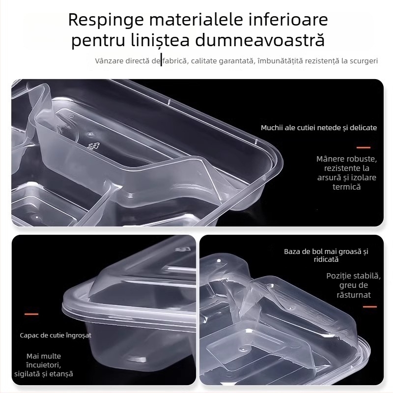 Cutie de prânz de unică folosință cu mai multe compartimente, îngroșată, etanșă la scurgeri, din PP transparent, de calitate alimentară, potrivită pentru microunde