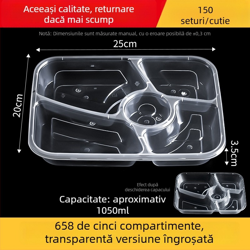 Cutie de prânz de unică folosință cu mai multe compartimente, îngroșată, etanșă la scurgeri, din PP transparent, de calitate alimentară, potrivită pentru microunde