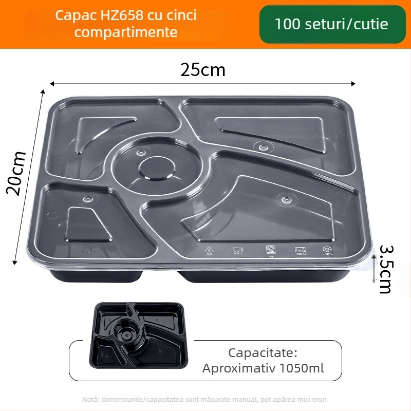 Cutie de prânz de unică folosință cu mai multe compartimente, îngroșată, etanșă la scurgeri, din PP transparent, de calitate alimentară, potrivită pentru microunde