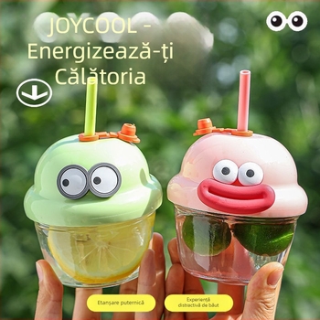 Cană pentru copii cu design desen animat și pai (Material: sticlă soda-lime; Formă: rotundă; Rezistentă la temperaturi ridicate; Etanșă și anti-scurgeri; Include capac)