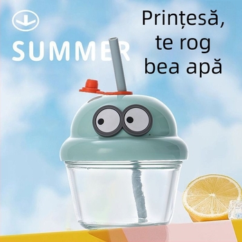 Cană pentru copii cu design desen animat și pai (Material: sticlă soda-lime; Formă: rotundă; Rezistentă la temperaturi ridicate; Etanșă și anti-scurgeri; Include capac)