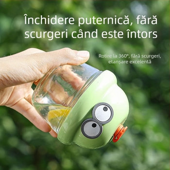 Cană pentru copii cu design desen animat și pai (Material: sticlă soda-lime; Formă: rotundă; Rezistentă la temperaturi ridicate; Etanșă și anti-scurgeri; Include capac)