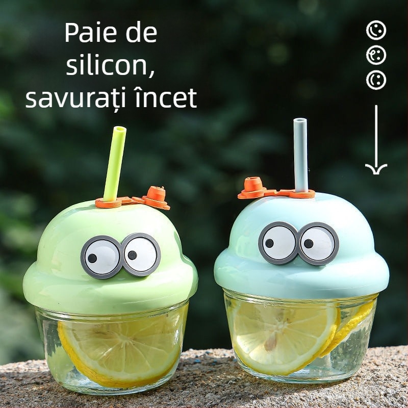 Cană pentru copii cu design desen animat și pai (Material: sticlă soda-lime; Formă: rotundă; Rezistentă la temperaturi ridicate; Etanșă și anti-scurgeri; Include capac)