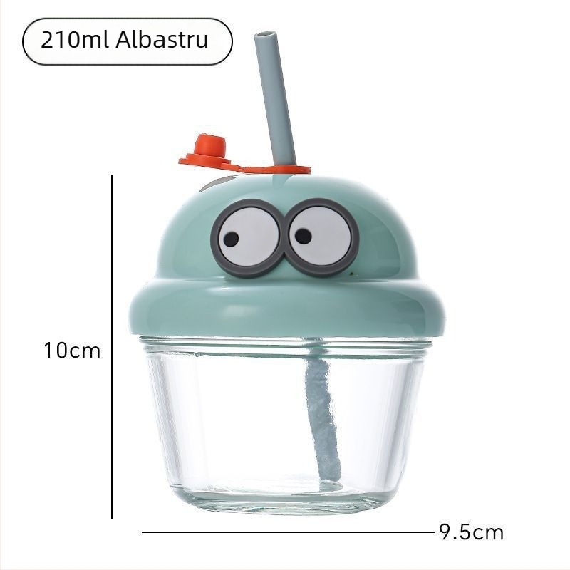 Cană pentru copii cu design desen animat și pai (Material: sticlă soda-lime; Formă: rotundă; Rezistentă la temperaturi ridicate; Etanșă și anti-scurgeri; Include capac)