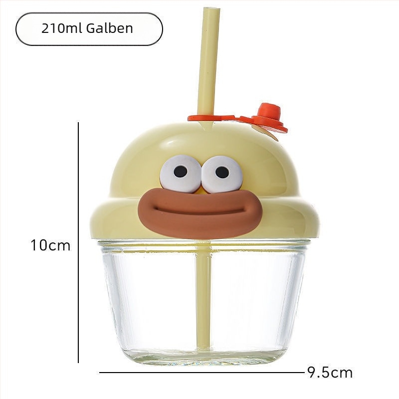 Cană pentru copii cu design desen animat și pai (Material: sticlă soda-lime; Formă: rotundă; Rezistentă la temperaturi ridicate; Etanșă și anti-scurgeri; Include capac)