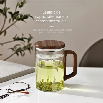 ceașcă de ceai din sticlă borosilikat, cu filtru, cu mâner, formă cilindrică, în stil chinezesc nou, set de două piese, pentru birou