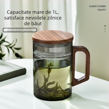 ceașcă de ceai din sticlă borosilikat, cu filtru, cu mâner, formă cilindrică, în stil chinezesc nou, set de două piese, pentru birou