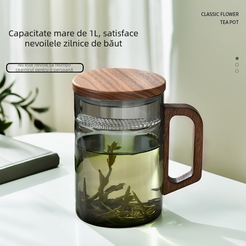 ceașcă de ceai din sticlă borosilikat, cu filtru, cu mâner, formă cilindrică, în stil chinezesc nou, set de două piese, pentru birou