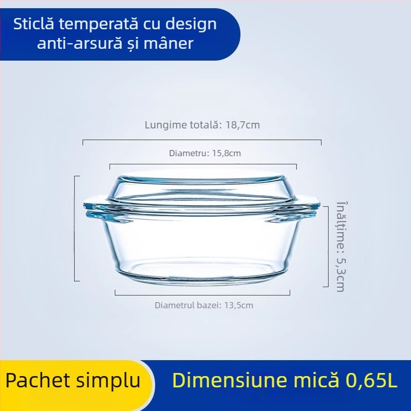 Bol din sticlă rezistent la temperaturi, compatibil cu microunde, cu două mânere, formă rotundă, diametru 21–22,9 cm