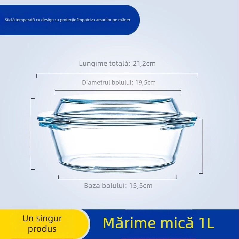 Bol din sticlă rezistent la temperaturi, compatibil cu microunde, cu două mânere, formă rotundă, diametru 21–22,9 cm