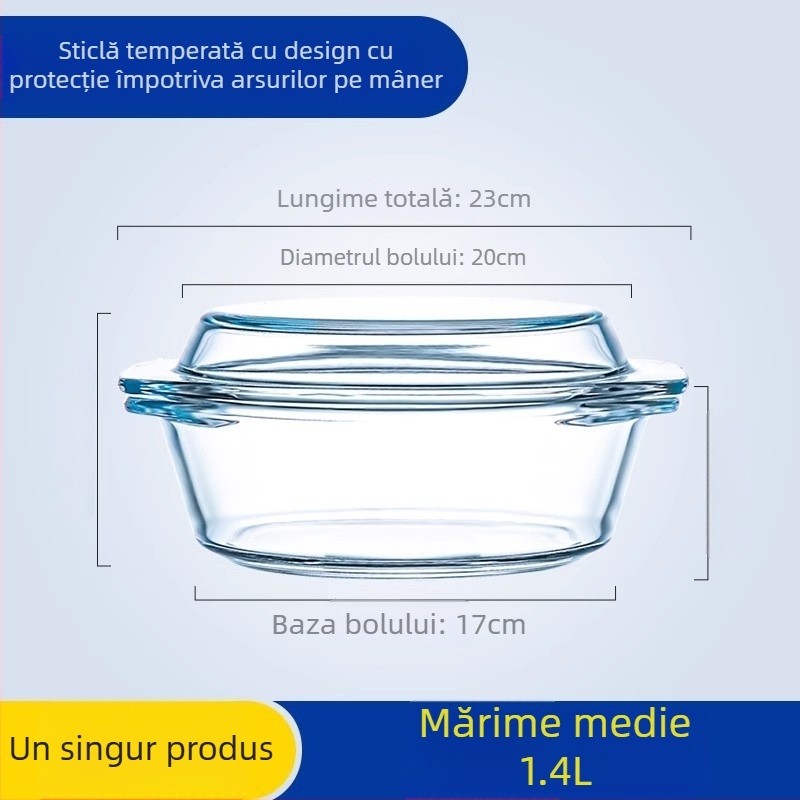Bol din sticlă rezistent la temperaturi, compatibil cu microunde, cu două mânere, formă rotundă, diametru 21–22,9 cm