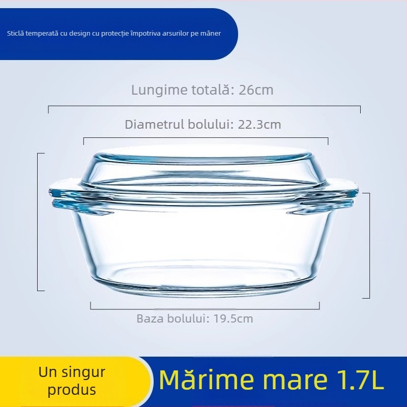 Bol din sticlă rezistent la temperaturi, compatibil cu microunde, cu două mânere, formă rotundă, diametru 21–22,9 cm